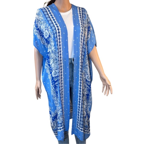 LOFT Other - LOFT Blue White Trellis Boho Kimono Duster Open‎ Front Cover Up – XS/S